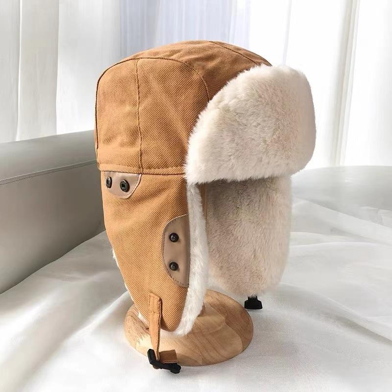 Unisex Winter Cycling Thickened Earflap Windproof Flight Hat Versatile Cotton Padded Lamb Wool Korean Style Ushanka-Style Hat