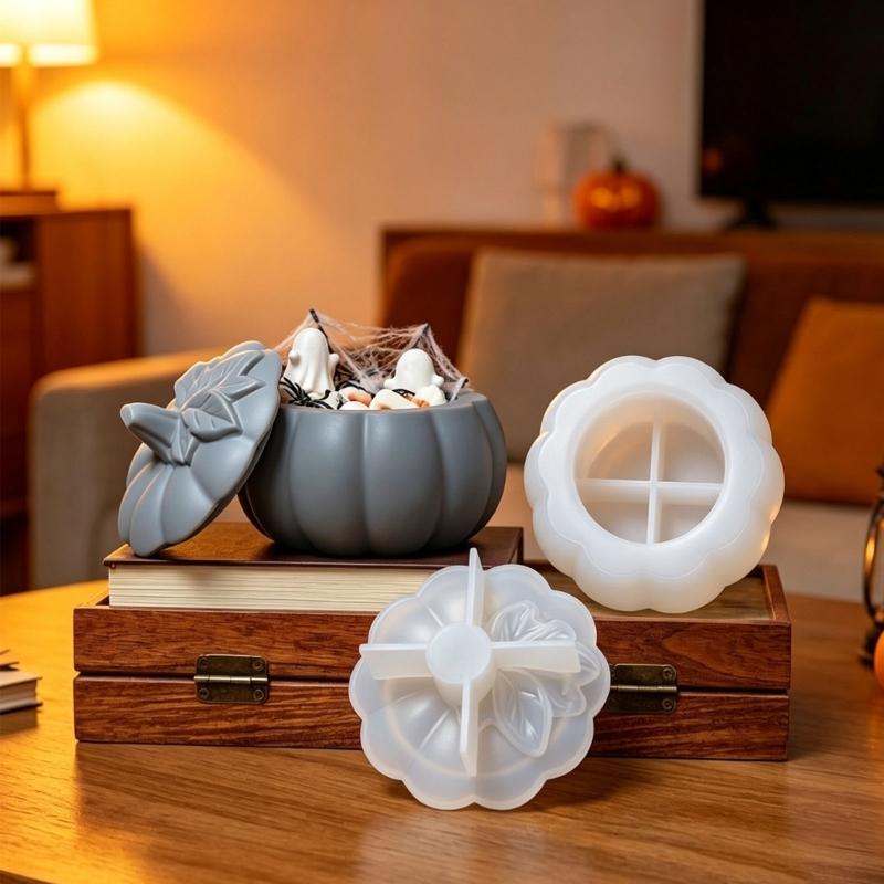 Herbst Kürbis Behälter Form mit passendem Deckel, Flexible Silikon Gießform für Dekorative Box Bastelarbeiten, Kerzenherstellung und Seifen Design Projekte