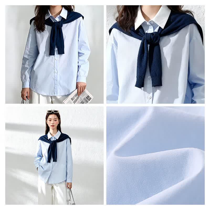 MJ STYLE Women's Cotton Oversized Color-Block Shawl Collar Shirt