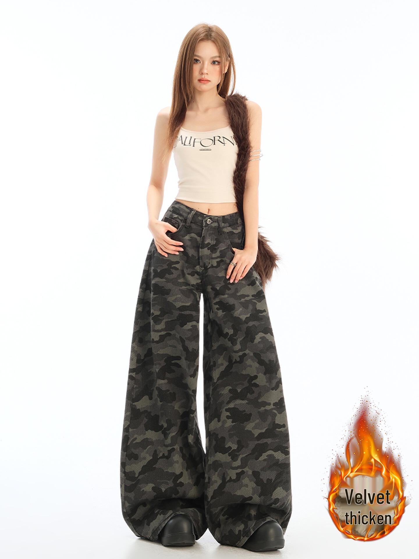 Women s High-Waisted Cargo Camouflage Denim Pants - Fleece-Lined, Loose Straight-Leg, Petite (2025) XL [118-128 lbs]
