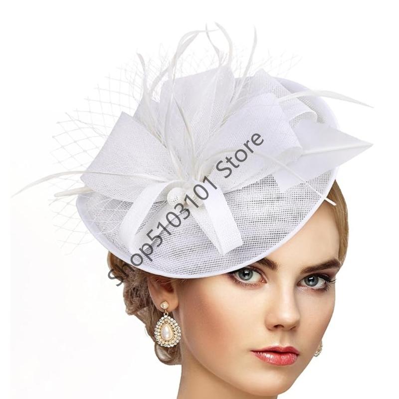 Vintage Exquisite Feathers Fascinator Hat Bowknot Elegant Tea Party Mesh Hair Band Sweet Hair Hoop Bride Headdress Dance Show