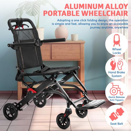 Aluminum Alloy Foldable Wheelchair with Flip-up Armrest, Portable Transport Chair, 286lbs Capacity