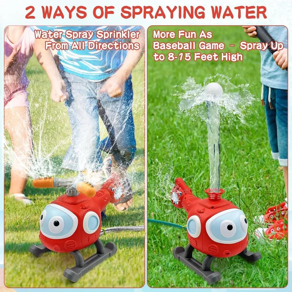 2 in 1 Outdoor Wassersprüh-Rasensprenger Baseball-Set für Kinder & Kleinkinder Hubschrauber Hydrant Wassersprüh-Spielzeug mit 2 Sprühköpfen
