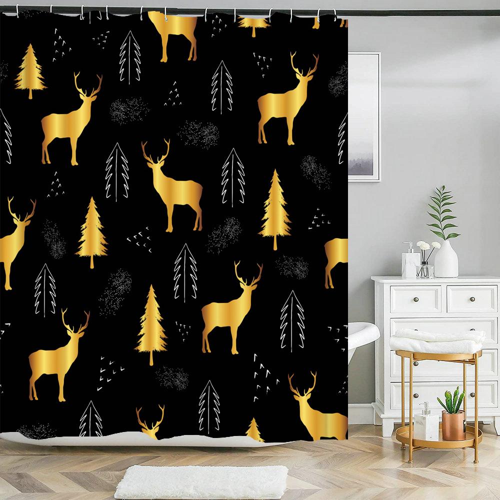 3D Christmas Elk Bathroom Curtain Merry Christmas Shower Curtains Xmas Decor Anti-Slip Carpet Bath Mats Rugs Toilet Lid Cover