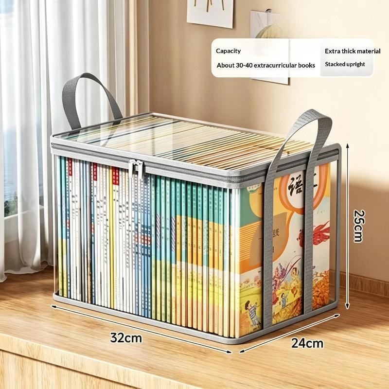 Transparent Book Storage Box with Handle Waterproof Dustproof Thickened Plastic Organizer Bins for Bedroom Book Storage