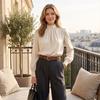 Women's Semi-High Neck Pleated Long Sleeve Blouse for Work Business Casual
