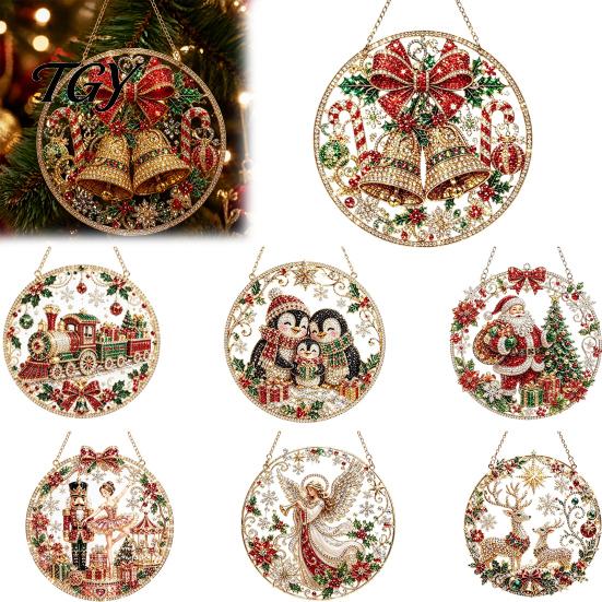 Textured Bead Art Kit Christmas Faux Diamond Ornament Kit, Santa Angel Sun Catcher DIY Acrylic Stress Free Creative Hobby Round Board, 3D Craft