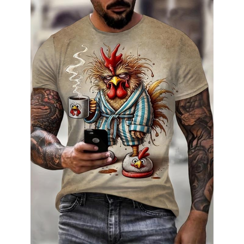 Men's Funny Morning Rooster 3D Printed T-Shirt Casual Short Sleeve Crewneck Top Cool Coffee Chicken Graphic Tee Quirky Harajuku Summer Streetwear