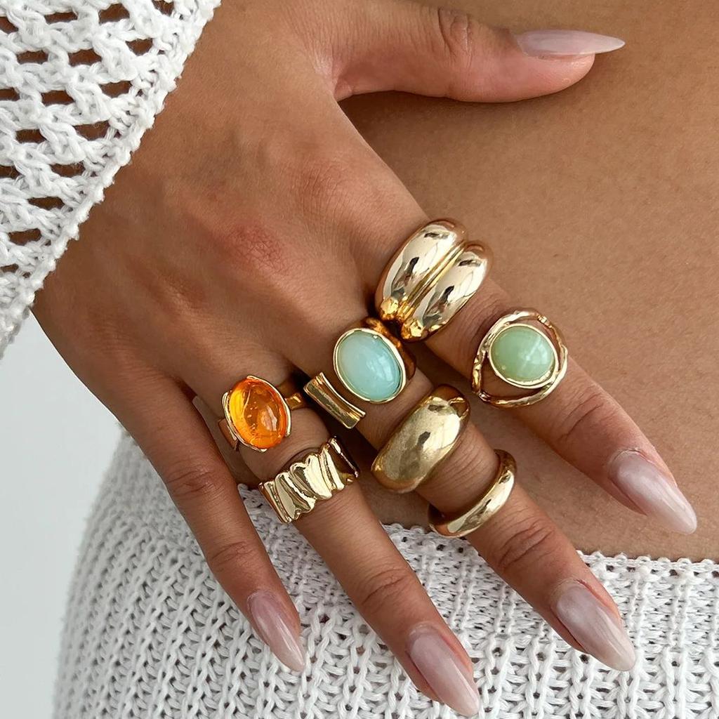 IF ME 7pcs/set Vintage Acrylic Rings For Women Men Girls Punk Gold Color Irregular Geometric Open Knuckle Joint Ring Jewelry