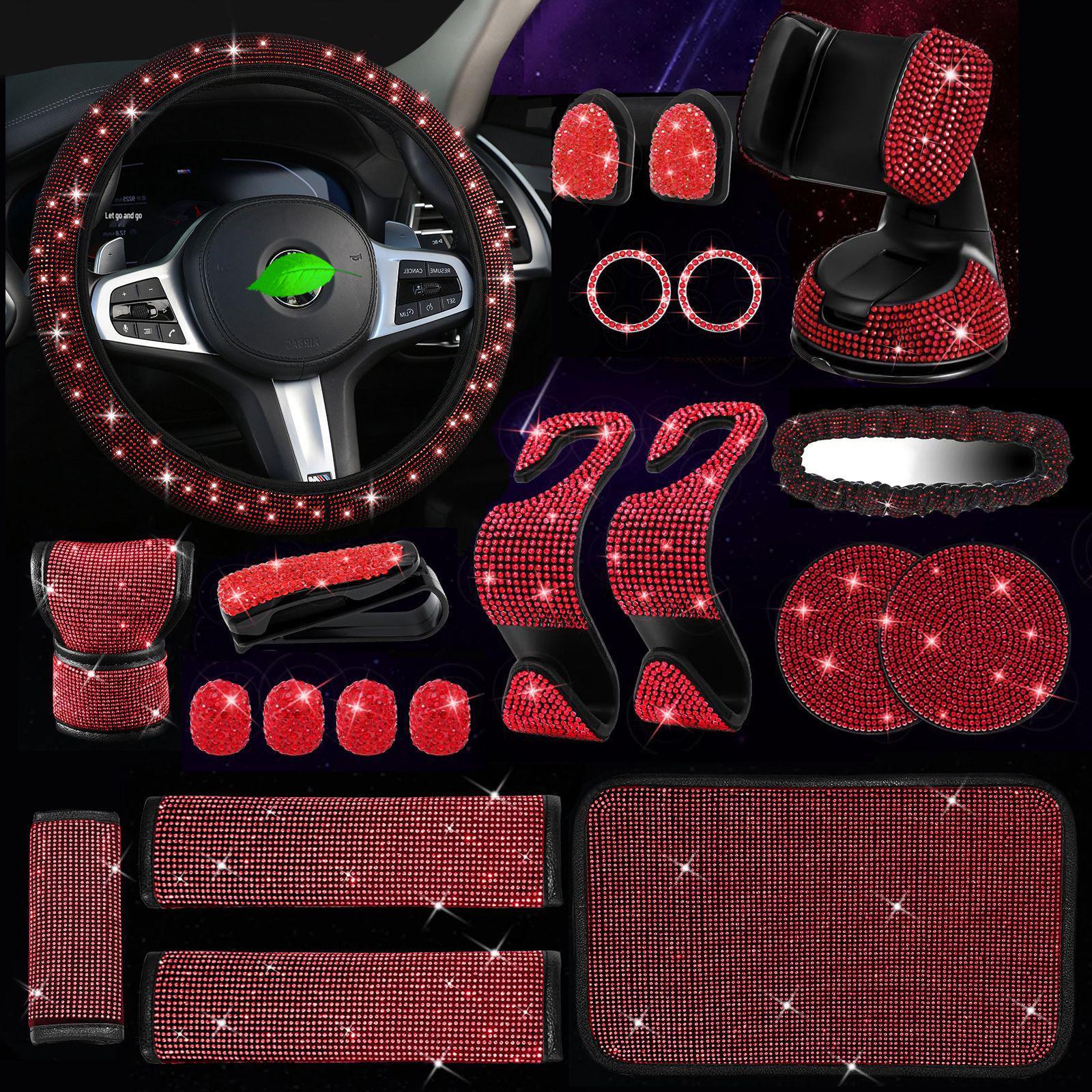 

Набір чохла на кермо та аксесуарів для автомобіля: Включає інкрустований коштовностями тримач для телефону, діамантову підставку, кільце запалювання та наплічник 38cm