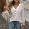 Women T-shirt V-neck Long Sleeve Buttons Half Closure Pullover Tops Color Block Splicing Design Casual Tops Daily Wear
