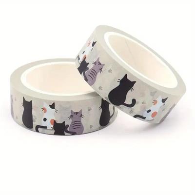 5pcs 15mm X 15m Cute Black and White Cat Hand-tearable Tape DIY Handbook Stickers Office Supplies