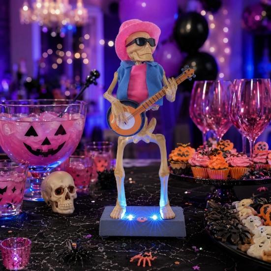 Scary Animated Skeleton Band Decoration, Lighted Halloween Skeleton Prop with Sound for Haunted House, Holiday Party Decor