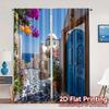 2pcs, 2D FLAT PRINTING Curtains (Without Rod) Santorini Bliss(1) Chic Curtain Chic Durable Polyester Curtains Room Decor for