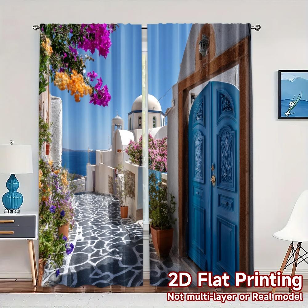 2pcs, 2D FLAT PRINTING Curtains (Without Rod) Santorini Bliss(1) Chic Curtain Chic Durable Polyester Curtains Room Decor for