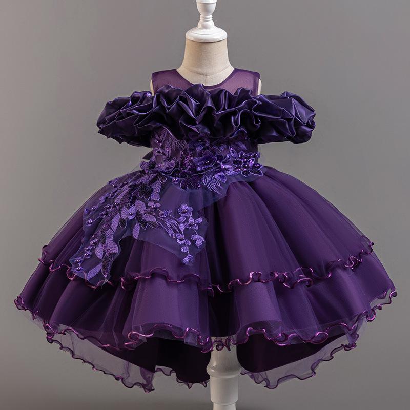 Girls' One-Shoulder Luxury Tulle Princess Formal Dress with Train