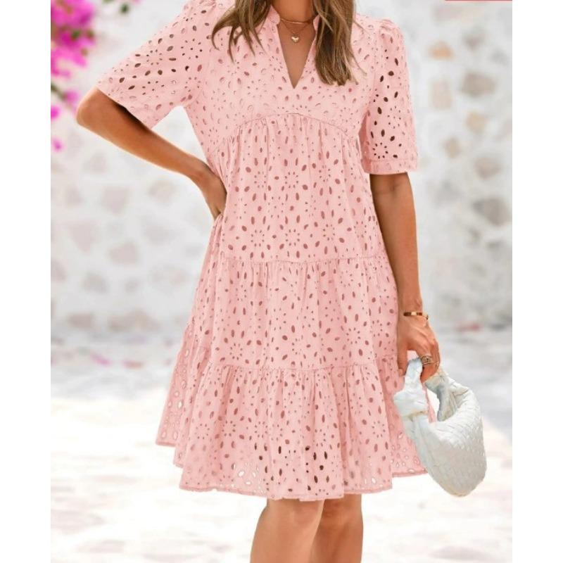 Women V Neck Hollow Lace Short Sleeve A Line Beach Vacation Midi Dress