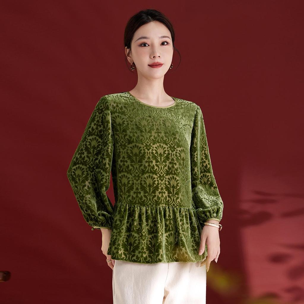 Damtopp med lång ärm i sidenvelour - Ungdomligt kinesiskt lapptäcksmönster, Rundhalsmodell