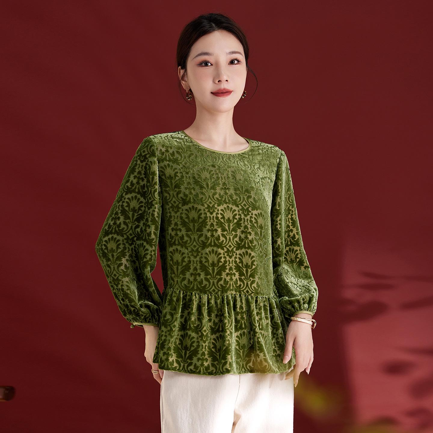 

Жіночий топ з шовкового оксамиту з довгим рукавом - Молодіжний китайський принт у стилі печворк, з круглим вирізом XXL