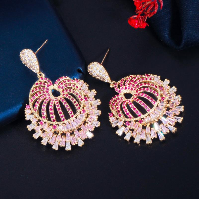 WWJ Romantic Flower Rose Red Zircon Big Dangle Drop Earrings for Brides