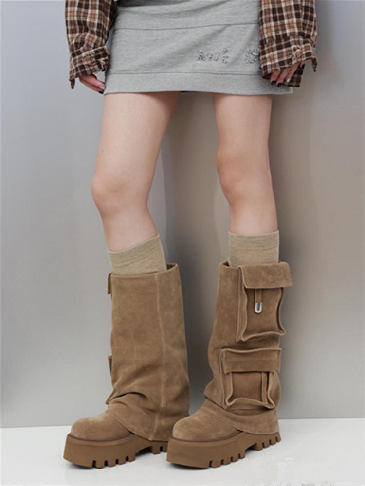 Modne damskie buty zimowe Brązowe buty gruba podeszwa podwyższające retro kieszeń kozaki damskie modne buty damskie