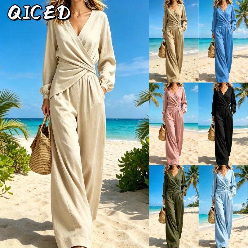 QICED Women's Fashion Casual Long Sleeve V Neck Pants Suits
