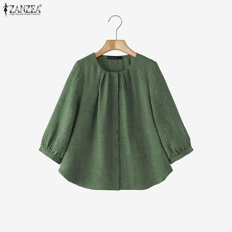 ZANZEA Women Casual Round Neck Solid Color 3/4 Sleeve Loose Blouse