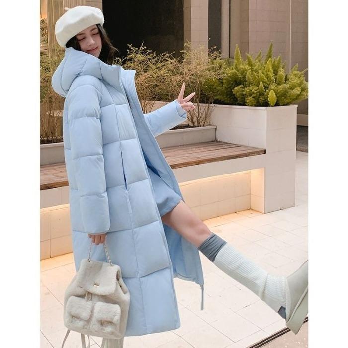 Winter Hooded Long Coat Thickened Loose Cotton Jacket for Women Students Knee Length Warm Outwear