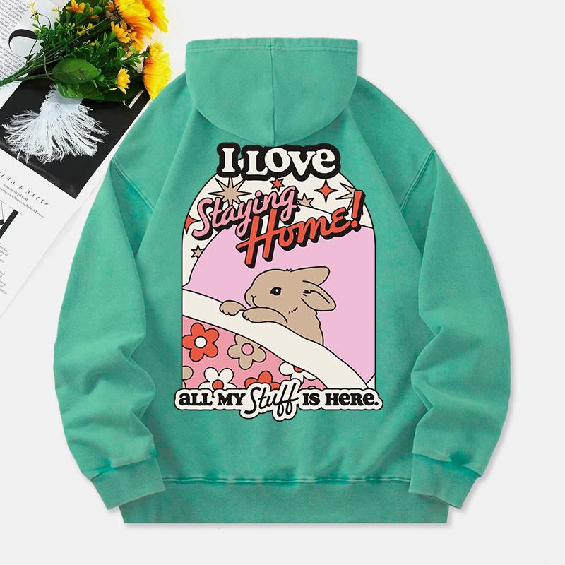 Miluji zůstávat doma Prané mikiny s kapucí Dámské Potisk králíka Bavlna Streetwear Nadměrné Kapsa Teplé Pulovry Oblečení