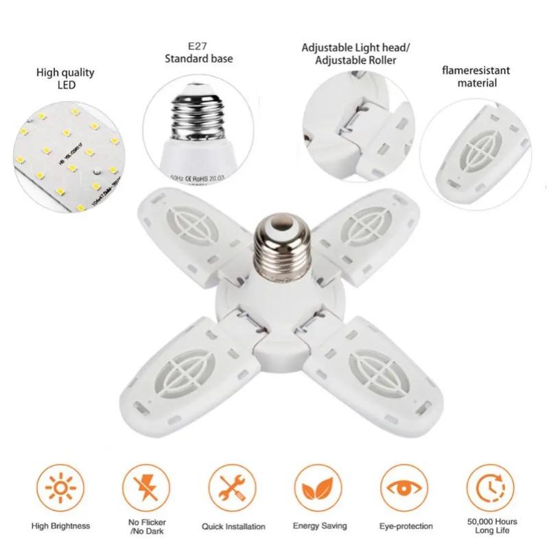 E27 LED Light Garage Lights 3800LM Led Garage Ceiling Lights Deformable Led Garage Lights With 4 Ajustable Panels
