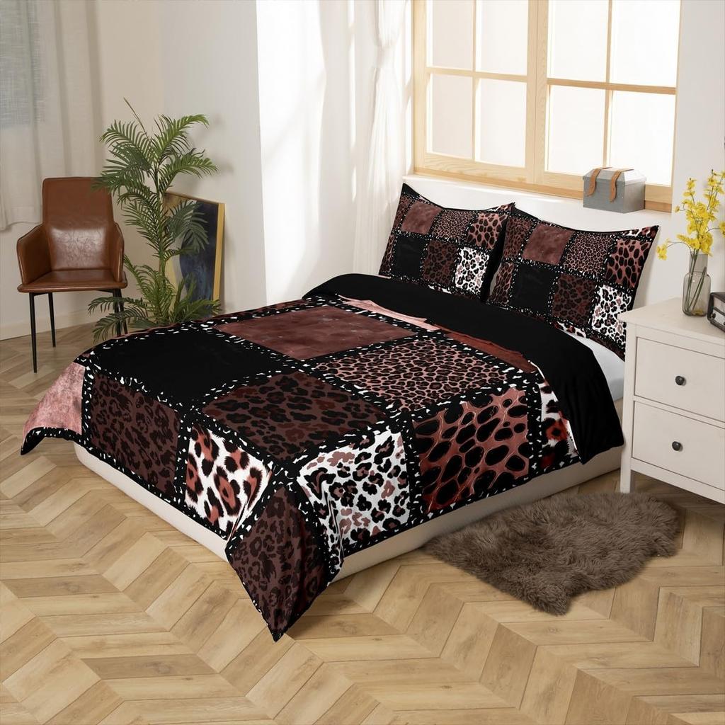 Brown Leopard Print Bedding Set Single Size Patchwork Geometric Duvet Cover With 1 Pillowcase For Kids Adults Black