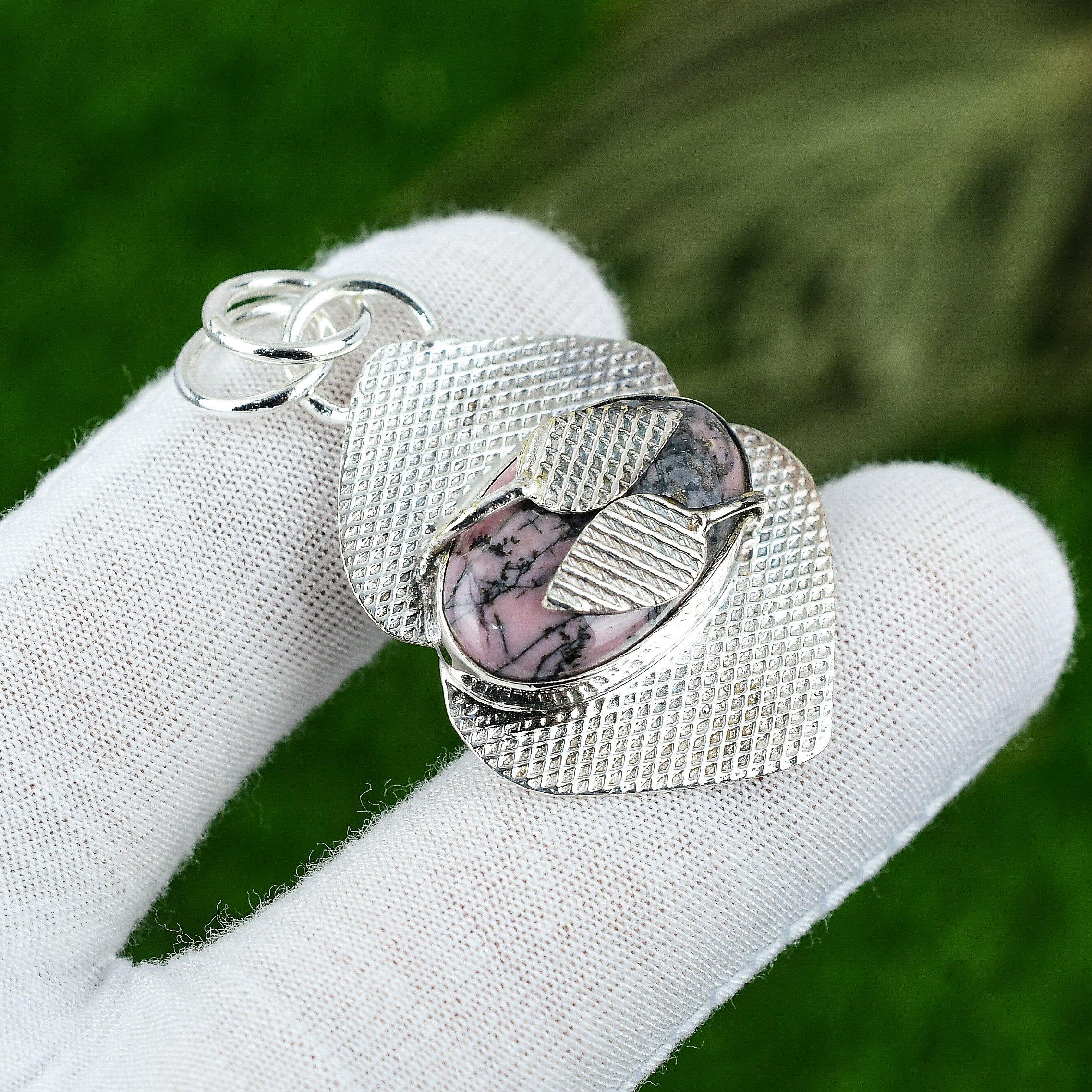 

Womens day Deal Oval Rhodonite Stone Bezel Sister Pendant 925 Sterling Silver