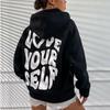 Women'S Fleece Down Sleeve Hoodie Back Letter Print Sweater Harajuku Hooded Top