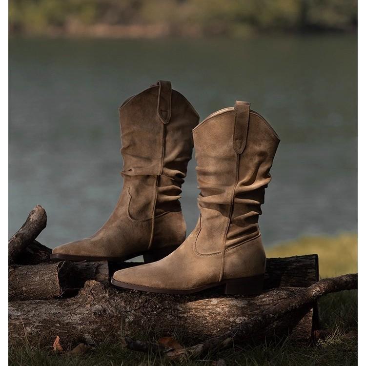 Sheepskin version~ retro western cowboy boots pointed thick heel short boots thin V-mouth pleated piled boots women's medium boots