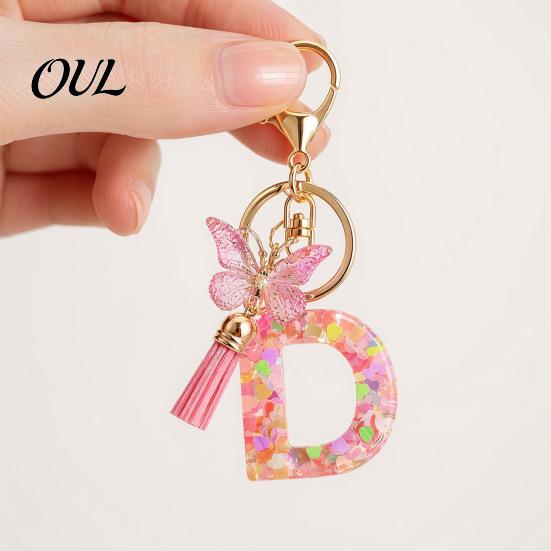 Kompaktes Schlüsselanhänger-Anhänger in Rosa-Serie, Pailletten Herz Initialen-Buchstaben-Anhänger Schlüsselkette mit tragbarem Schmetterlings-Quasten-Design, A-Z Halter für Tasche