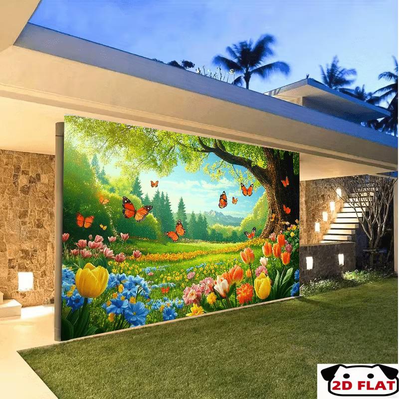 2D Summer Nature Background, Vibrant Flower Meadow & Butterflies Themed Party Backdrop