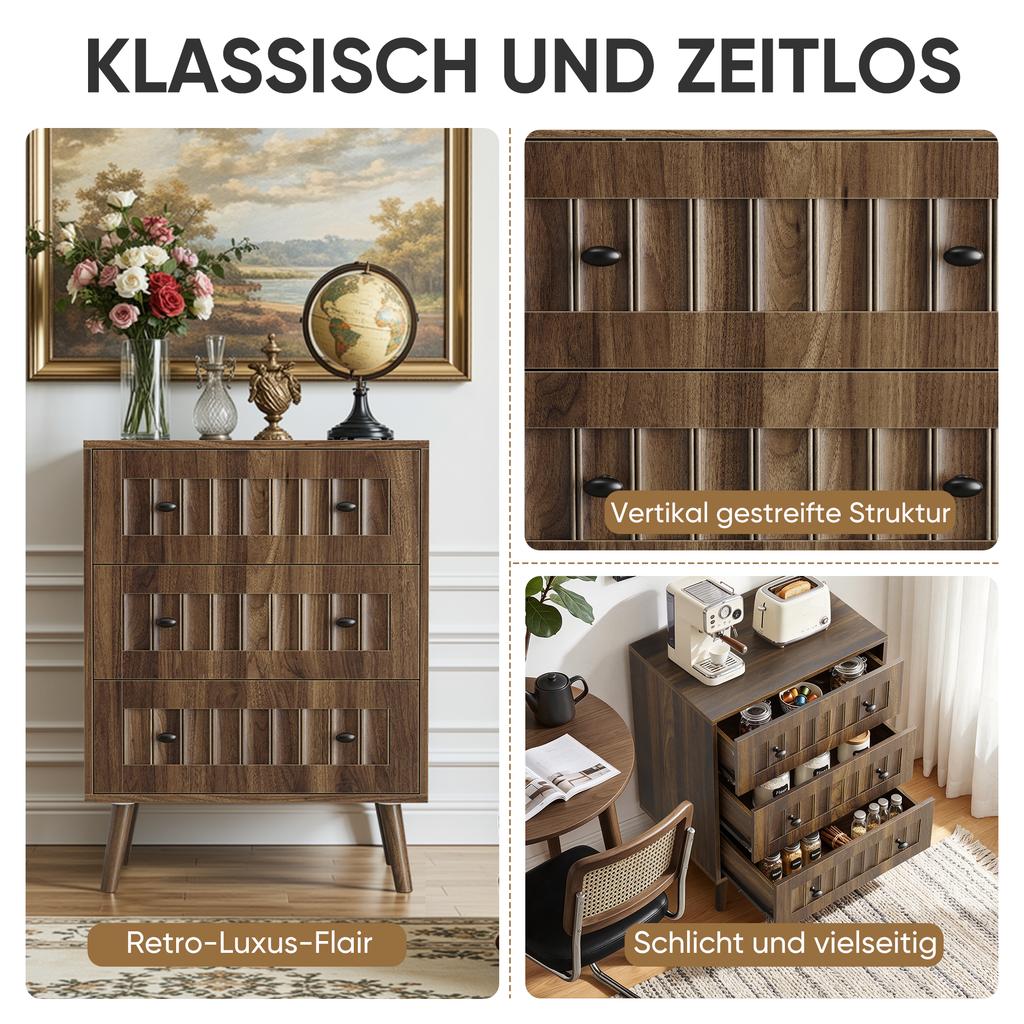 Chest of drawers with three drawers, modern wardrobe, dressing table, suitable for living room, bedroom, hallway (walnut wood)