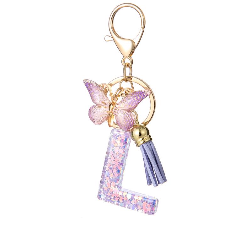 A-Z Resin Letter Keychain with Purple Butterfly Tassel Pendant for Women's Bags