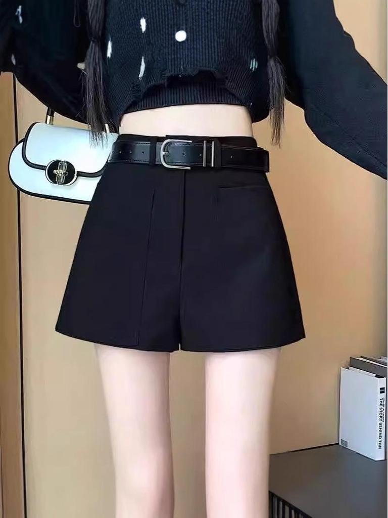 Spring Plus Size A-Line Black High Waist Shorts for Women - Petite, Loose Fit, Wide-Leg, Slimming Suit Style
