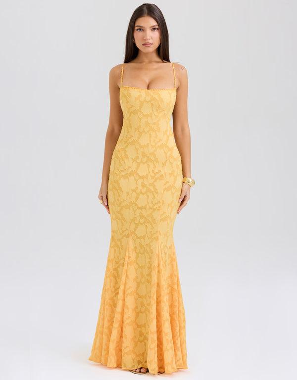 Elegant European & American Slim Lace-up Fishtail Jacquard Dress Extra Large жёлтый