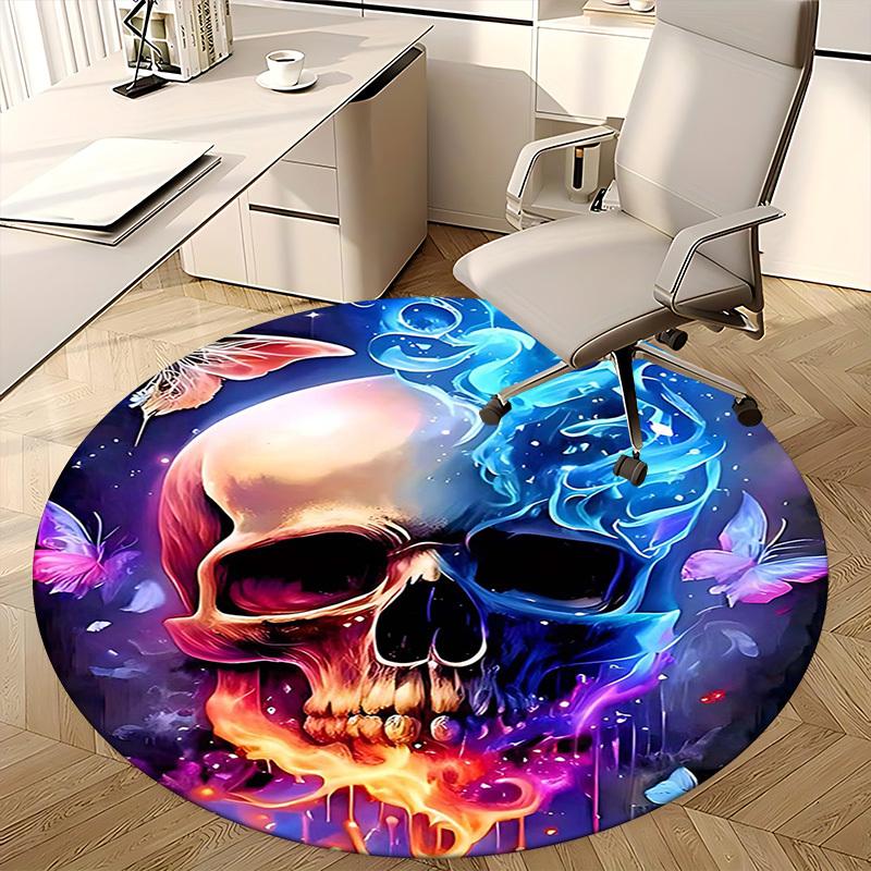1pc Colorful Skull with Butterflies Round Carpet Anime Design Office Chair Mat, Non Slip Rug for Home Decor, Festival Gift, Office, Living, Bedroom