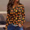 Women's Halloween Print Long Sleeve Top with Round Neck and Hem Slit