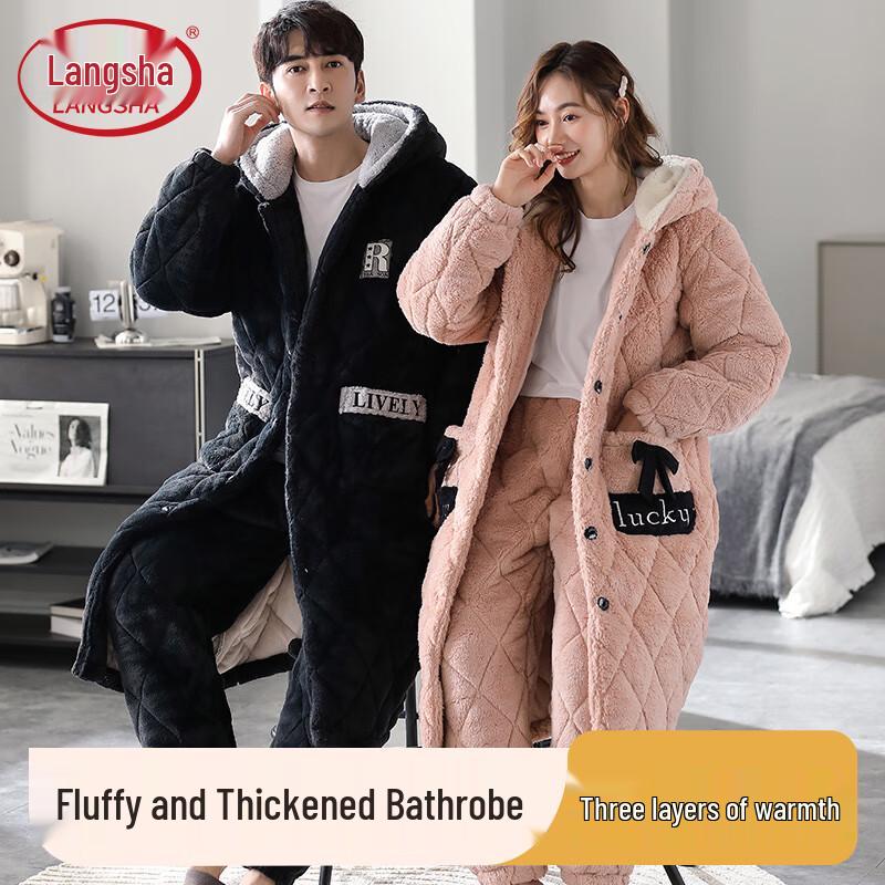 Langsha Couple s Winter Thickened Coral Fleece Robe XL
