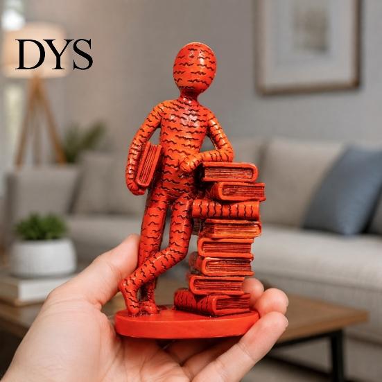 Abstract Human Sculpture for Bookshelf Resin Book Lover Statue, Reader Leaning On Stacked Book, Retro Style Bookish Home Decor Decorative Figurine