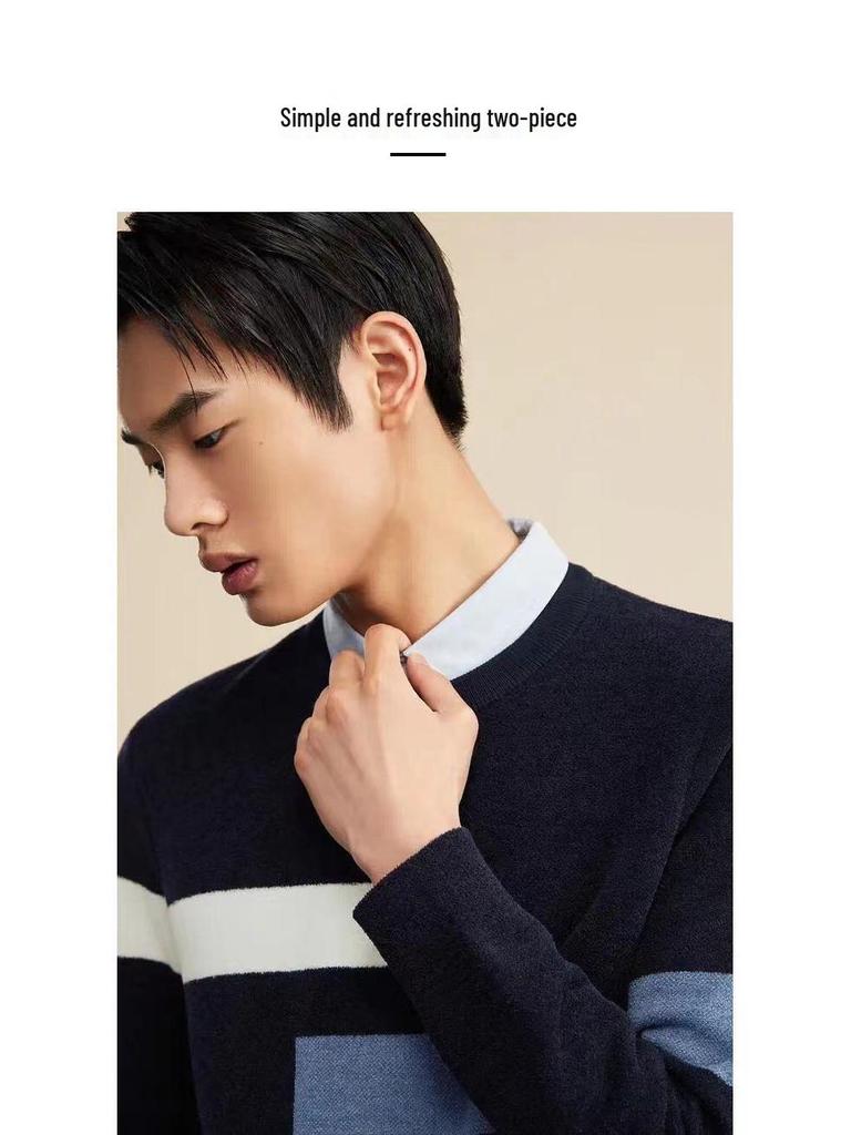 Men's Autumn Color Block Knit Pullover Sweater - Long Sleeve, Soft, Comfortable, Skin-Friendly