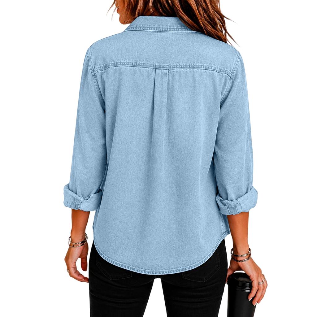 Women's Loose Fit Denim Button-Up Top for Casual Everyday Wear