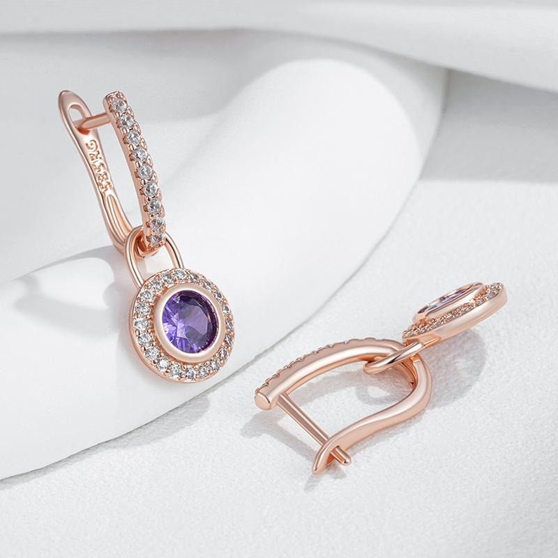 Błyszczące Fioletowe Okrągłe Naturalne Cyrkoniowe Kolczyki Wiszące Dla Kobiet Moda Kolor Różowego Złota Vintage Party Codzienna Biżuteria
