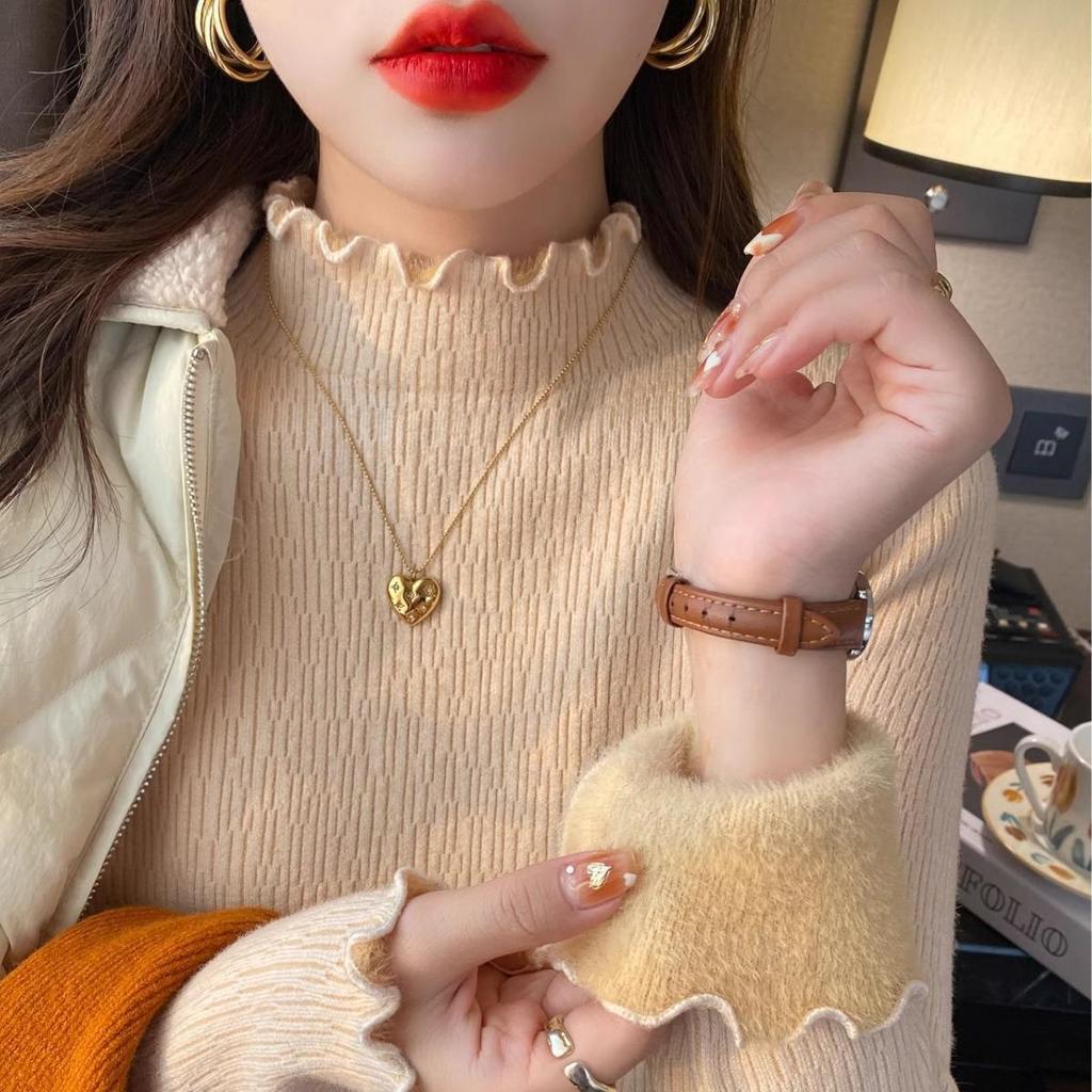 Women's Velvet Ruffled High Collar Knitted Sweater - Thick Warm Autumn/Winter Pullover Top