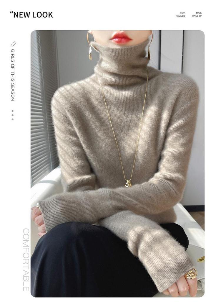 Women's High Neck Slim Striped Turtleneck Knitwear Sweater - Soft and Fluffy Long Sleeve for Autumn and Winter.