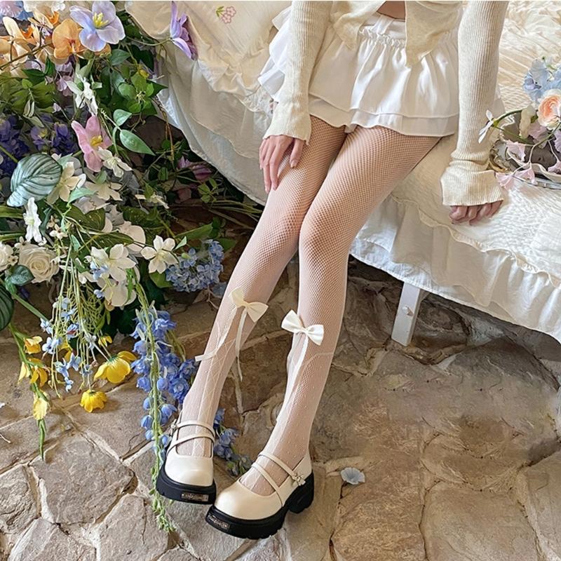 Women Japanese Ballet Sheer Mesh Pantyhose Stockings Crisscross Pattern Cute Ribbon Bowknot Fishnet Tights Leggings